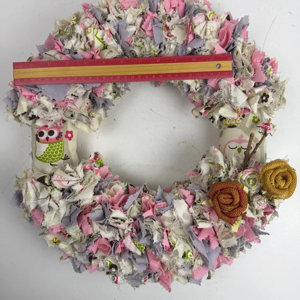 Handmade Shabby Chic Owl Rag Wreath Pink Grey Burlap Roses Nursery Decor 12